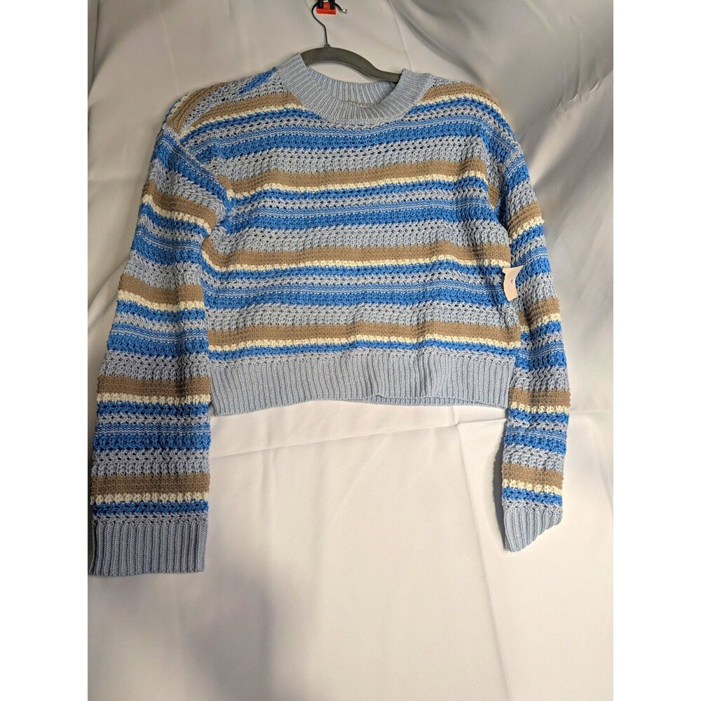 SO Women's Blue/Beige/White Striped Open-Knit Crew Neck Pullover Sweater XS